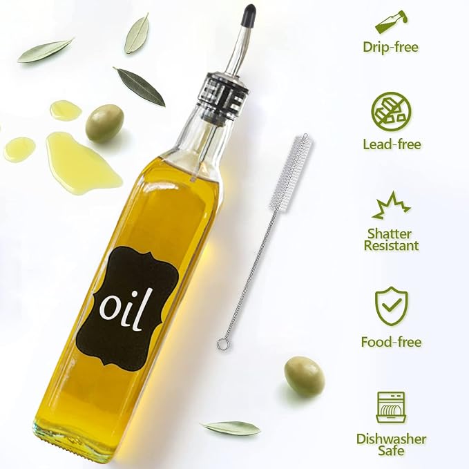 Showvigor Olive Oil Dispenser, 2 Pack 17oz/500ml Square Tall Glass Bottle | Vinegar Cruet Bottle, 2 Stainless Steel Pourers, 4 Labels, 1 Brush and 1 Funnel, for Kitchen