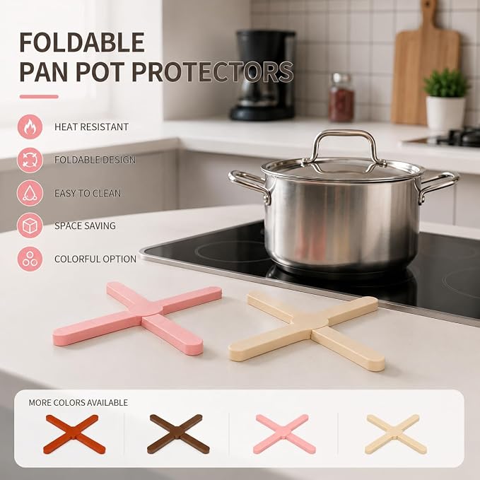 Foldable Silicone Trivets, 4 PCS Expandable Trivets for Dishes, Hot Pots and Pans Anti-Slip Heat Water Resistant Silicone Hot Pads/Pot Holders (Caramel Beige)