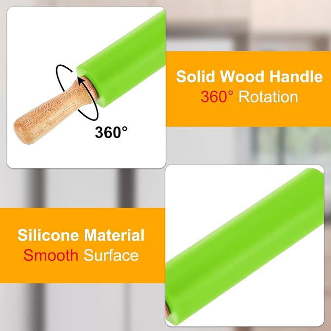 uxcell 7.5 Inch Silicone Rolling Pin, Small Dough Roller with Wood Handle for Pizza Pastry Fondant Kitchen, Green