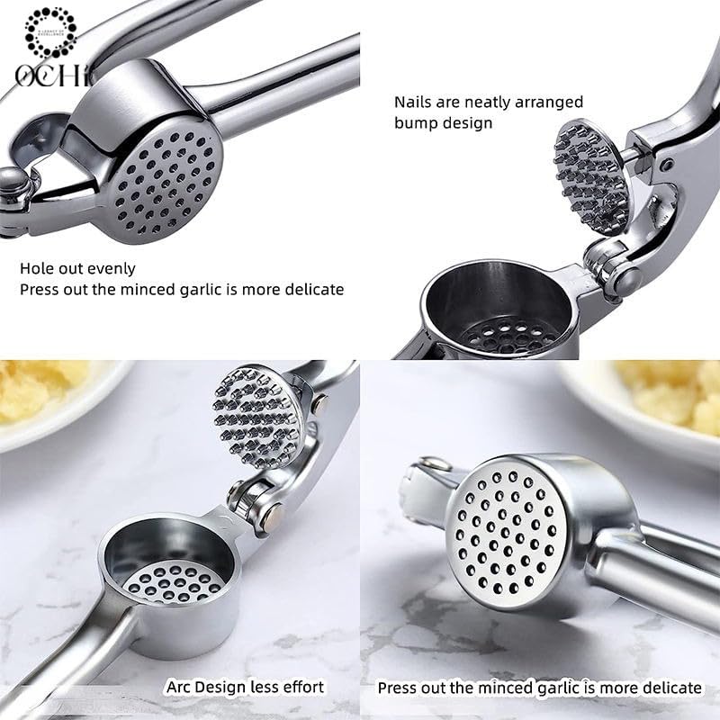 OCHI Premium Garlic Press Set – Rust-Proof Stainless Steel Mincer with Ergonomic Handle, Dishwasher Safe – Includes Silicone Peeler & Cleaning Brush (Silver)