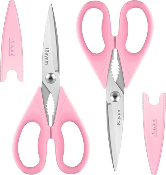 iBayam All Purpose Kitchen 2 Pack Heavy Duty Food Meat Poultry Shears with Protective Sheath, Dishwasher Safe, Comfort-Grip Cute Aesthetic Scissors Gift for Women Mom Wife Her Couple Pastel Pink
