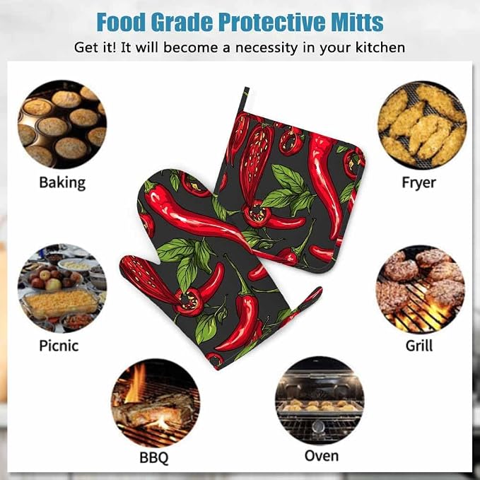 Mxocom Mexican Hot Pepper Chili Oven Mitts and Pot Holders Sets Slices Halves Crushed Pieces and Branch Organic Healthy Red Silicone Heat Resistant Kitchen Oven Gloves Pot Holder for Cooking