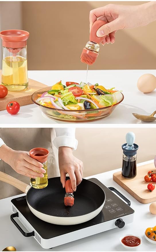 Oil Dispenser with Brush - 2 Pack Olive Oil Dispenser, 2 IN 1 180ml Glass Oil Dispensing Bottle with Basting Brush for Cooking Frying Baking Kitchen, T-OB21 Blue+Red