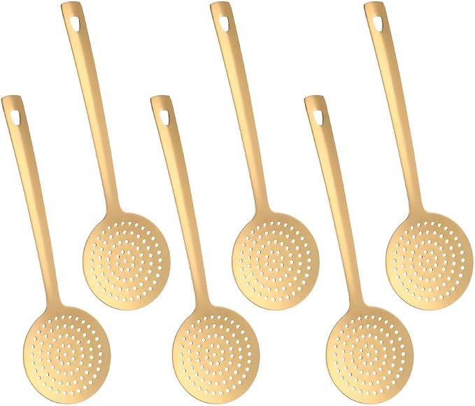 6 Pcs Gold Skimmer Spoon, Stainless Steel Titanium Plated Slotted Ladle Spoon Set Multi-functional Hot Pot Fat Strainer, Kitchen Cooking Utensil Dishwasher Safe(13 inches/33cm)