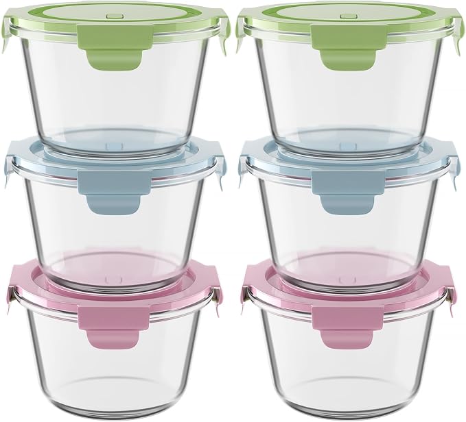 2 Cup/16oz Round Glass Meal Prep Containers with Airtight Lids, 6 Pack | Leakproof丨Borosilicate Glass丨Heat-Resistant丨BPA-Free丨Lunch Soup Leftovers Food Storage丨Microwave Oven Dishwasher Freezer Safe