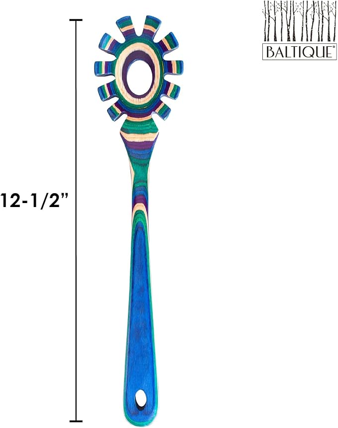 Baltique Mumbai Collection Wooden Spaghetti Spoon – 12.5" Pasta Server with Teeth, Colorful Birch Wood Utensil for Portioning, Stirring & Serving Noodles