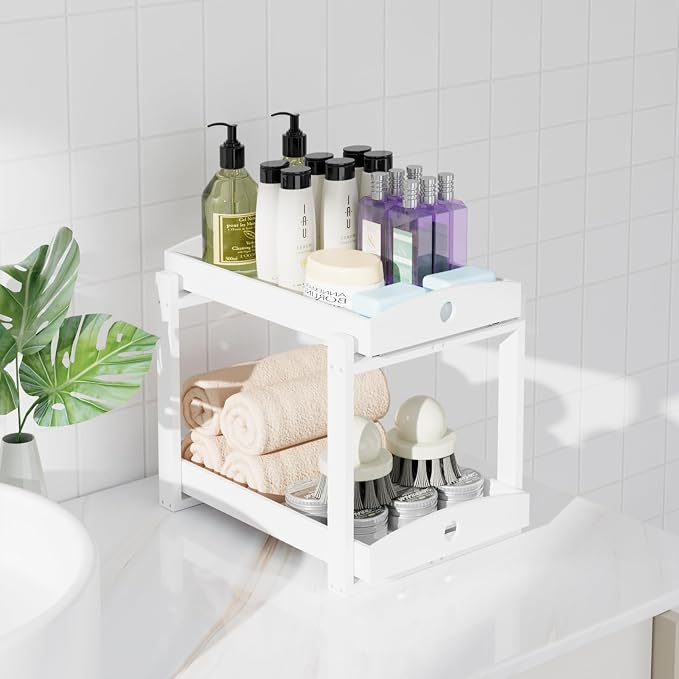 2 Pack Bamboo Under Sink Organizer, 2-Tier Pull-Out Drawers, Kitchen & Bath | Pull-out drawers keep cleaners and tall bottles visible, organized and easy to reach in kitchen or bathroom cabinets