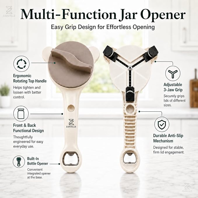 Jar Opener for Seniors with Arthritis & Weak Hands, 4-in-1 Adjustable Lid & Bottle Opener Set with Non-Slip Silicone Grip Pad & Stainless Steel Hook, Easy Twist Kitchen Gadget for Elderly (Beige)