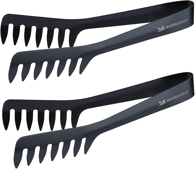 MSY BIGSUNNY 8-Inch Pasta Tongs, Stainless Steel Food Serving Tongs, Rust-Proof Spaghetti Tongs (Set of 2, Black)
