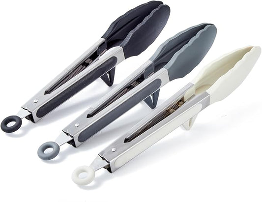9" Kitchen Tongs, 3Pcs Tongs for Cooking with Silicone Tips, Food Grade Small Silicone Tong, Mini Serving Tong for BBQ Salad(Black,Grey, White)