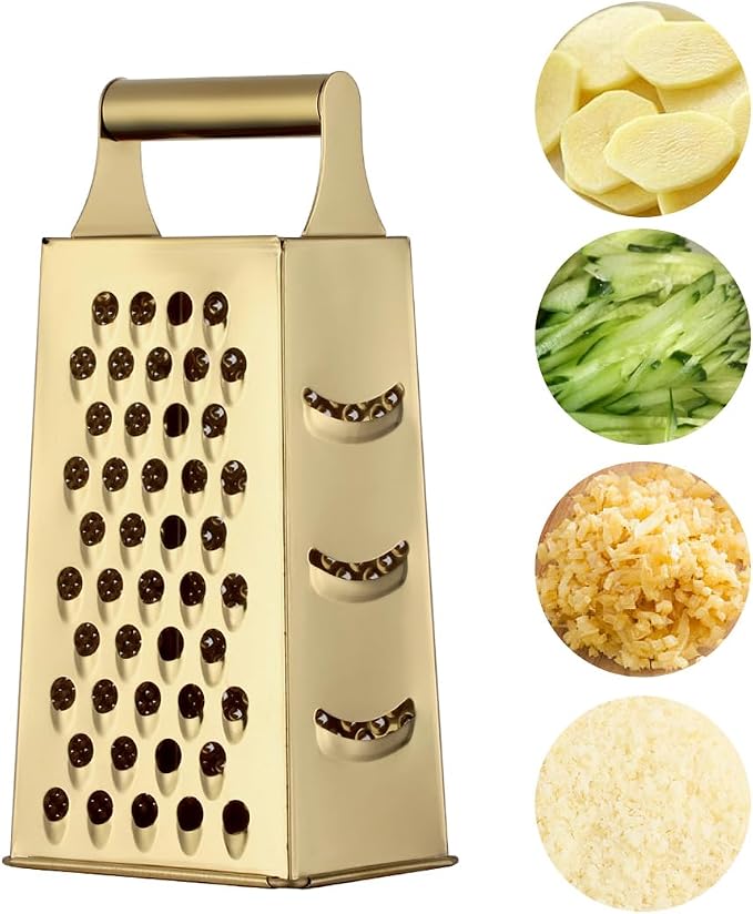 Handheld Cheese Grater Box for Kitchen, Stainless Steel 4 Sided Cheese Grater with Handle for Grinding Shredding & Slicing, Dishwasher Safe (Champagne Gold)
