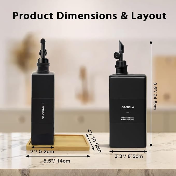 Olive Oil Dispenser Bottle for Kitchen with Bamboo Tray, 16.9oz Glass Oil Bottles and Vinegar Dispenser Set, Decorative Avocado Oil Dispenser Set, Gourmet Gift for Bakers (Black, Set of 2)