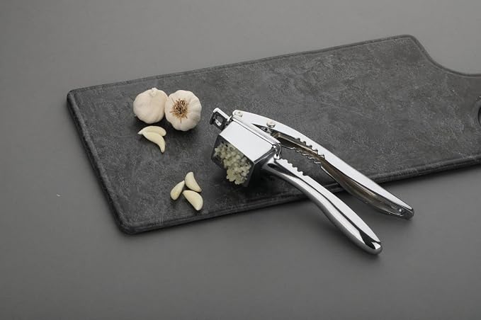 Garlic Press Set, Stainless Steel Garlic Crusher & Mincer Tool with Ergonomic Soft Handle, Easy-Squeeze Design, Includes Silicone Garlic Peeler Tube & Cleaning Brush, Silver