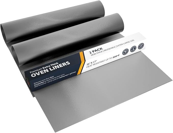 Oven Liners for Bottom of Oven - 2 Pack Large Heavy Duty Mats, 17”x25” Non-Stick Reusable Liner for Electric, Gas, Toasters, Grills - BPA & PFOA Free Kitchen Accessory to Keep It Clean (Silver)