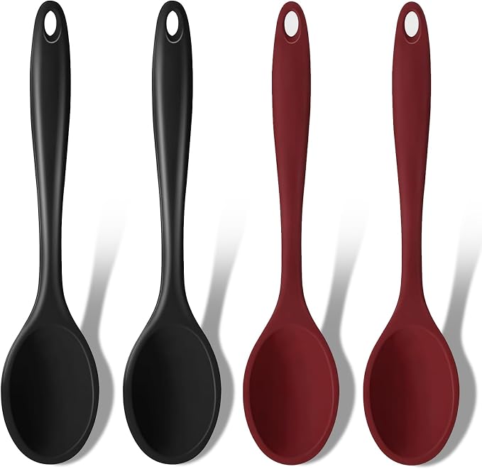 GEEKHOM Silicone Cooking Spoons, 4 Pieces 11" Heat Resistant Silicone Kitchen Utensils Set Large Serving Stirring Spoons for Non Stick Cooking, Mixing, Basting, Baking, Black+Red
