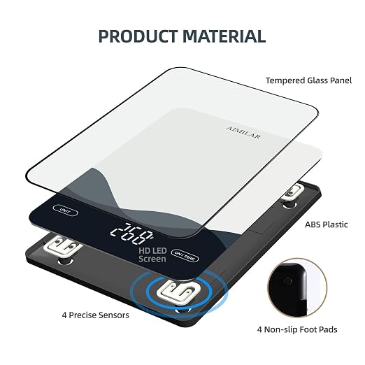 AIMILAR USB-C Rechargeable Kitchen Scale 22lb Tempered Glass Touch LED | USB-C rechargeable kitchen scale, 22lb/10kg, touch LED, 4 units & auto shut off for baking meal prep