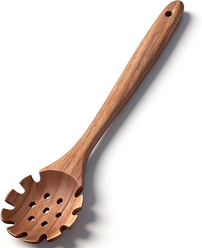 Spaghetti Spoon, Wood Pasta Server Wooden Pasta Spoon with Teeth 12.6inch Strainer Noodle Fork for Home Kitchen Cooking