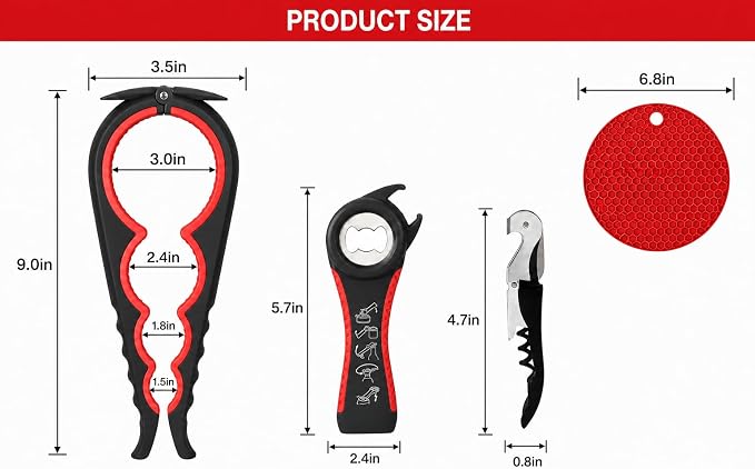 Jar Opener & Bottle Opener Set, Non Slip Lid Grip Remover, Multi Kitchen Tool for Seniors, Arthritis, Weak Hands(Red)