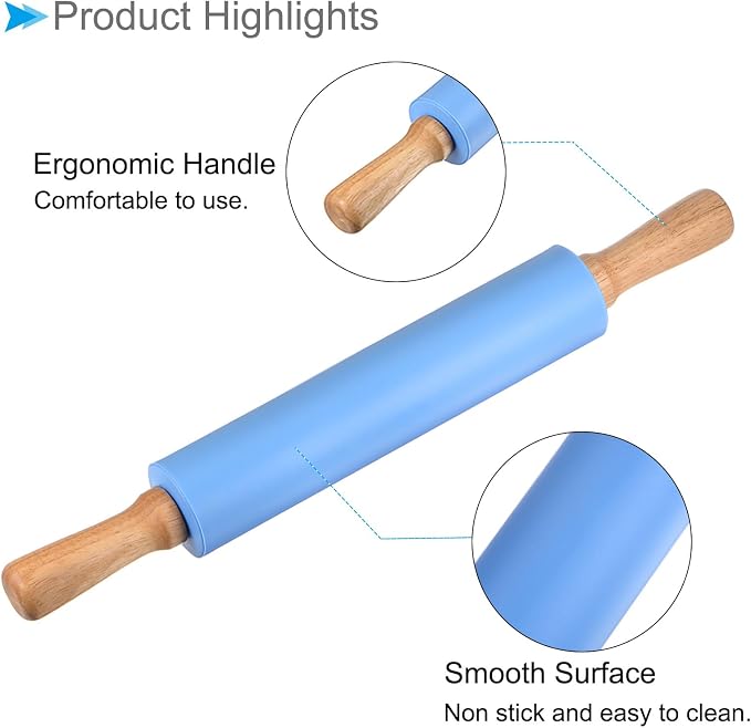Silicone Rolling Pins, 17" Length, Silicone & Oak Non-Stick Ergonomic Wooden Handle Fondant Dough Roller Blue - (Applications: for Baking DIY Projects)