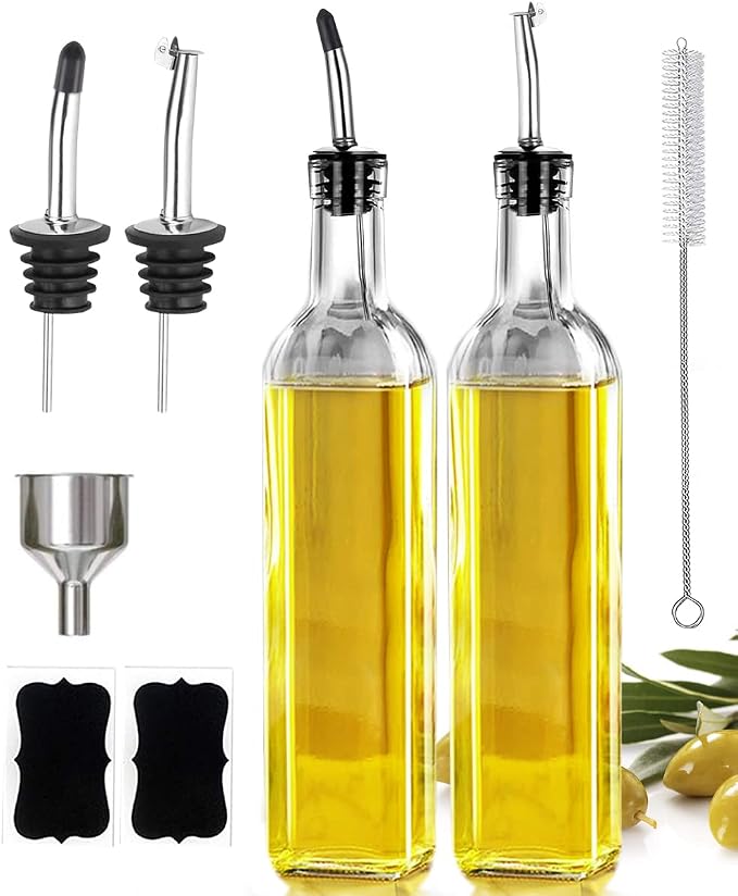 Leaflai Olive Oil Dispenser Bottle, 2 Pcs Glass Olive Oil Dispenser and Vinegar Dispenser Set with 2 Stainless Steel Pourers, 4 Labels,1 Brush and 1 Funnel Oil Bottles for Kitchen (500ml)