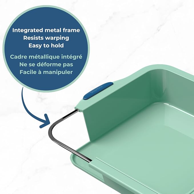 Starfrit Silicone Bakeware 8" (20cm) Square Cake Pan with Integrated Metal Frame - BPA-Free Premium Silicone - Heat Resistant - Ergonomic Handles - Easy Release - Oven & Dishwasher Safe - Green