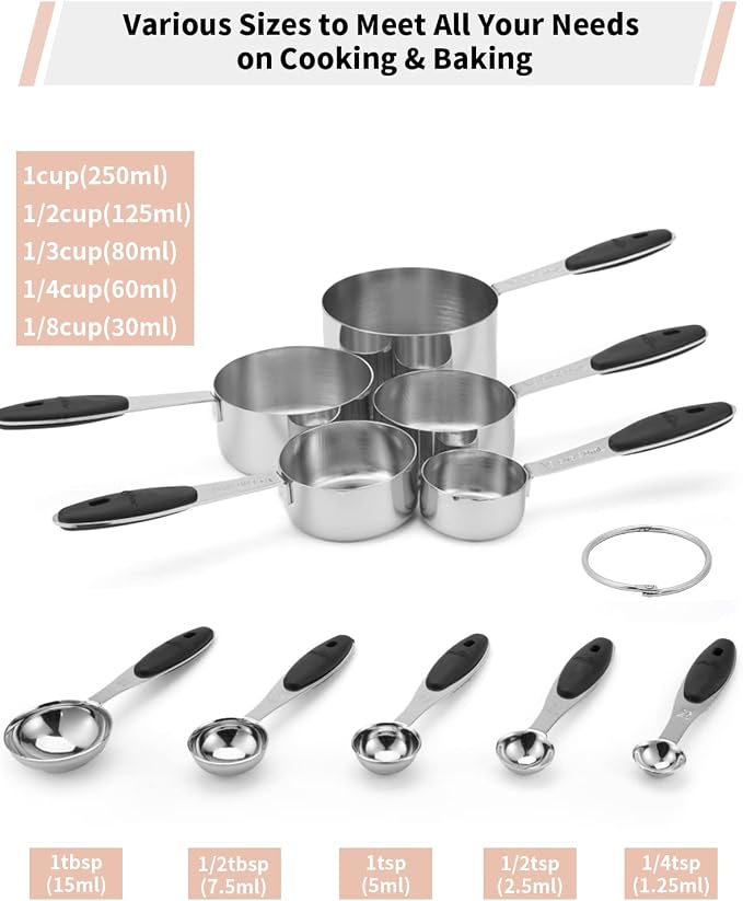 JOYHILL Measuring Cups and Spoons Set 304 Stainless Steel 10-Piece Black | BPA-Free Silicone Handles, Etched Markings, Nestable Design, Dishwasher Safe for Dry & Liquid Ingredients