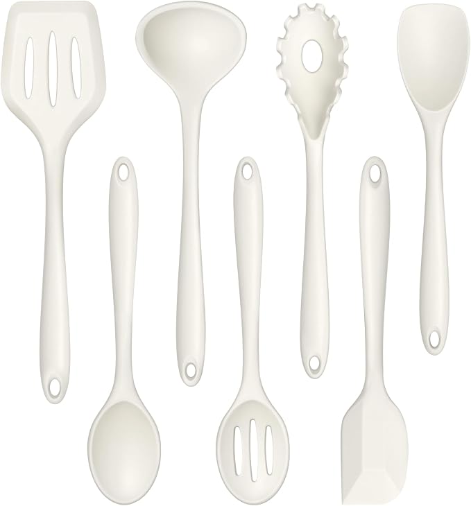 TeamFar Silicone Cooking Utensils Set, 7-Piece Heat Proof Kitchen Utensils Set, Kitchen Tools Spatula Turner Ladle Spoon Pasta Fork for Nonstick Cookware, Non-Toxic & Dishwasher Safe, White