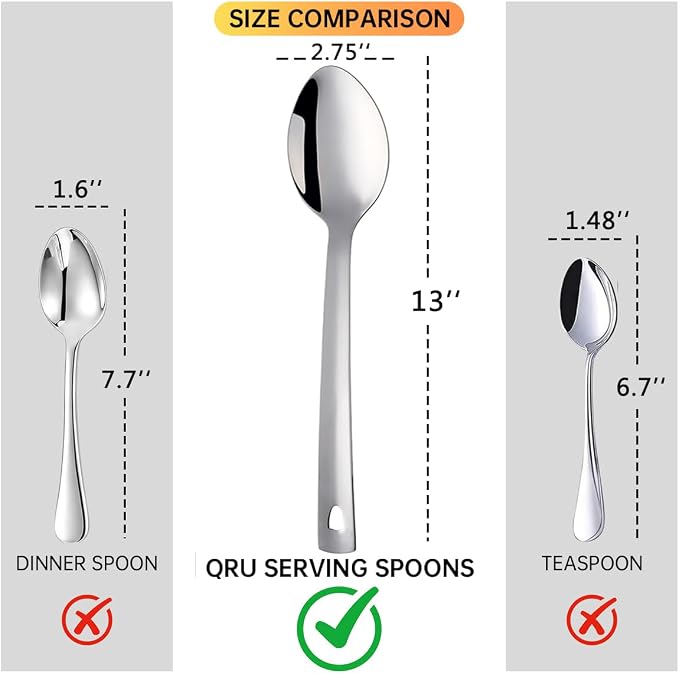 13-Inch Large Stainless Steel Serving Spoons Set, Long Handle Buffet Utensils, Dishwasher Safe (Silver, 8 piece)