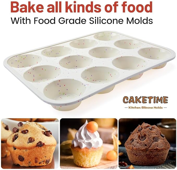 CAKETIME Silicone Muffin Pan, Metal Reinforced Frame Cupcake Pan 12 Cups Regular Size Easy to Move in or Out of Oven Non-Stick (2)