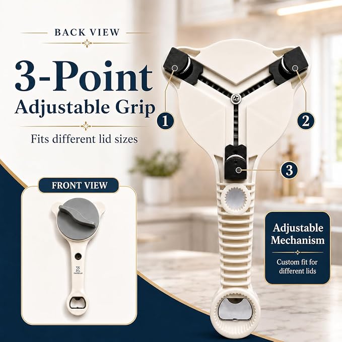 Jar Opener for Seniors with Arthritis & Weak Hands, 4-in-1 Adjustable Lid & Bottle Opener Set with Non-Slip Silicone Grip Pad & Stainless Steel Hook, Easy Twist Kitchen Gadget for Elderly (Grey)