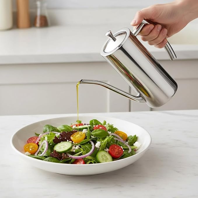 KSENDALO SUS304 24oz/700mL Stainless Steel Olive Oil Dispenser, Silver | Leakproof Oil Bottle, One-Piece Body, w/Long Spout Vertical Handle Kitchen Cruet for Precision Pouring