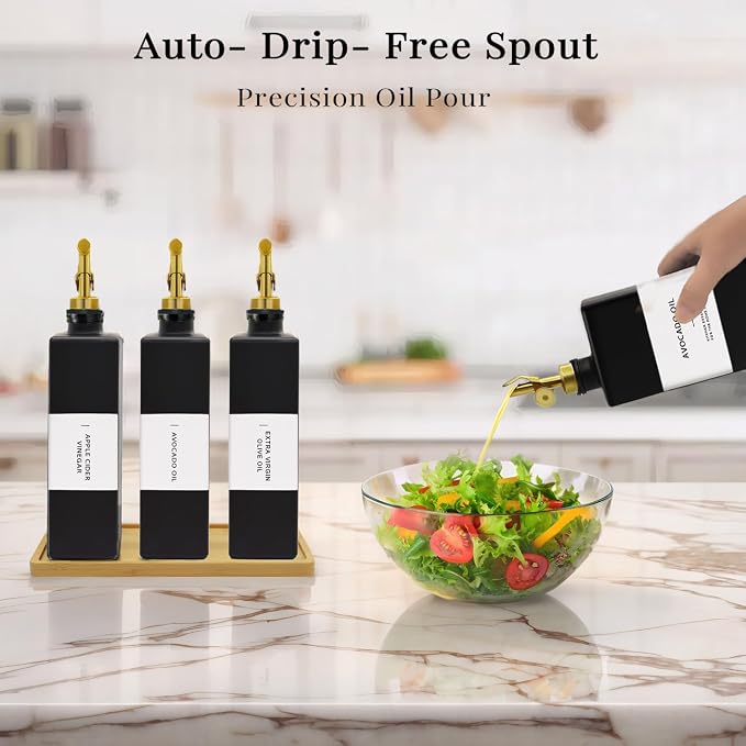 Olive Oil Dispenser Bottle for Kitchen with Bamboo Tray- Glass Oil and Vinegar Dispenser Set 16.9oz, Soy Sauce & Syrup Bottle, Modern Hostess Gift (Black, 16.9oz, Set of 3)