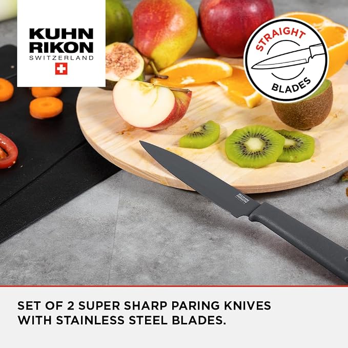Kuhn Rikon COLORI+ Non-Stick Straight and Serrated Paring Knives with Safety Sheaths, Set of 2, Orange and Green