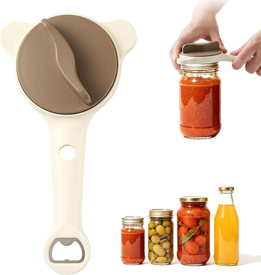 2026 New 4-in-1 Jar Opener-Adjustable Stainless Steel Lid Remover for Seniors & Arthritis,Non-Slip Grip Fits 1″-3.5″Jars,Bottles & Cans(Brown)