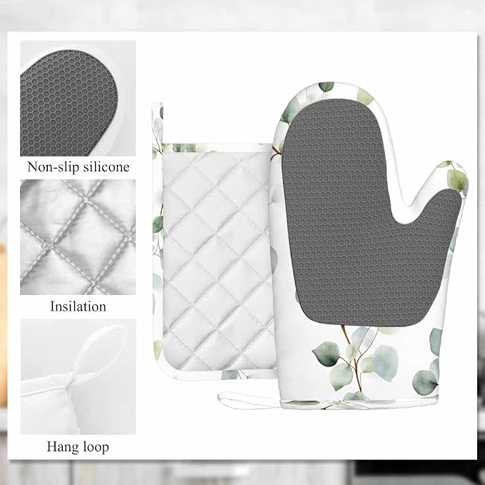 Mxocom Green Leaves Silicone Oven Mitts and Pot Holders Sets Eucalyptus Round Leaf Foliage Branches Twig Natural Plant Repeat BBQ Gloves for Kitchen,Cooking,Baking,Grilling