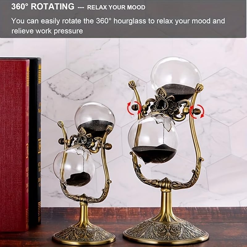 SuLiao Vintage 30 Minute Hourglass Sand Timer, Large Brass Engraved Rotating Sand Clock Stand, Antique Half Hour Glass Sandglass for Home, Desk, Office Decoration