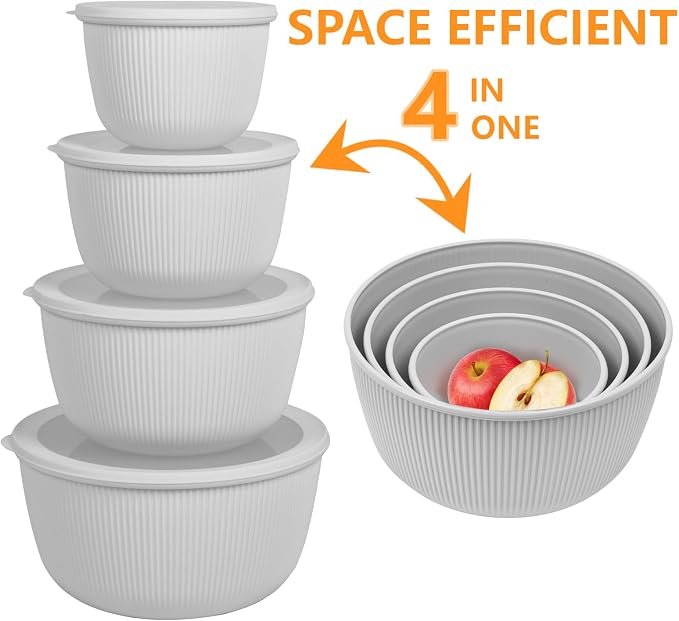BoxedHome 4.97 Quarts Nesting Plastic Mixing Bowls, BPA-Free Plastic, Microwave and Dishwasher Safe, Set of 4, 4.97/3.38/2.22/1.27 quart, Gray