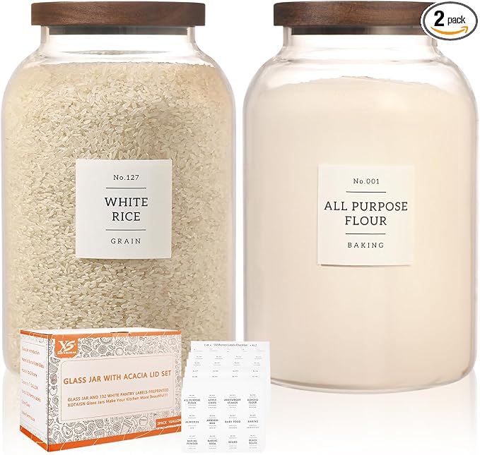2 Pack Large Glass Flour and Sugar Storage Containers with Airtight Acacia Wood Lids and 132 Kitchen Pantey Labels Preprint - 1 Gallon Borosilicate Glass Canister Sets for Food,Pasta,Cookie,Rice