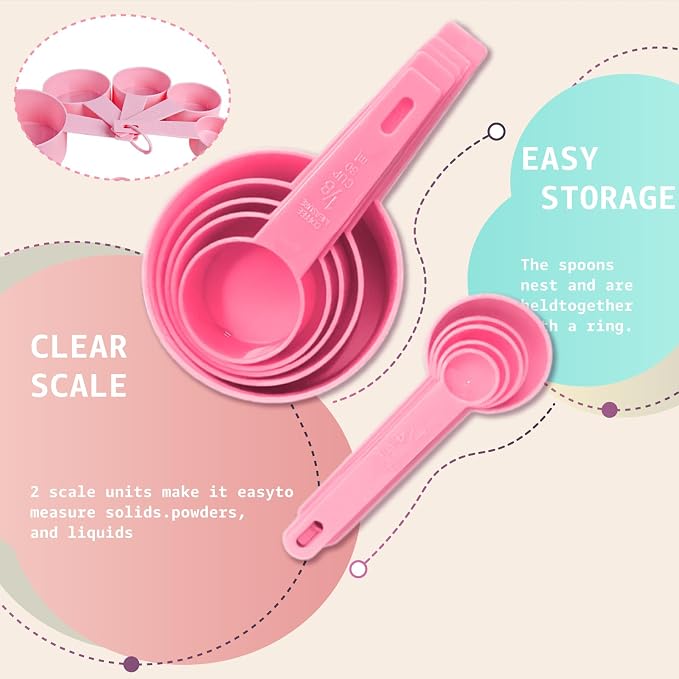 Inmorven 10pcs Measuring Cups and Spoons Set, BPA-Free Plastic Kitchen Baking Tools with Engraved Markings, Stackable Design for Dry & Liquid Ingredients (Pink)