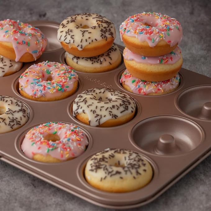 12 Well Donut Pan Nonstick, PFOA & BPA Free | | Non-Toxic - High Carbon Steel - Gold - Donuts Mold for Oven Baking