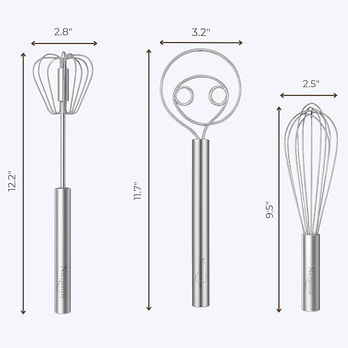 NAZANIN 3-Piece Premium Whisk Set - 304 Stainless Steel Danish Dough Whisk, Semi-Automatic Push Egg Beater, & Balloon Whisk - Professional Battery-Free Baking Tools & Bread Making Gift Set