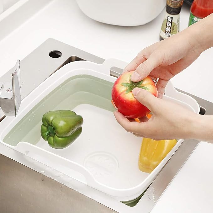ddLUCK Dish Basin Collapsible with Drain Plug Carry Handles for 9L Large Capacity, Washing Basin, Collapsible Dish Tub for RV Sink, Vegetable, Fruit, Food Sink Strainer Dish Washing Tub - Green