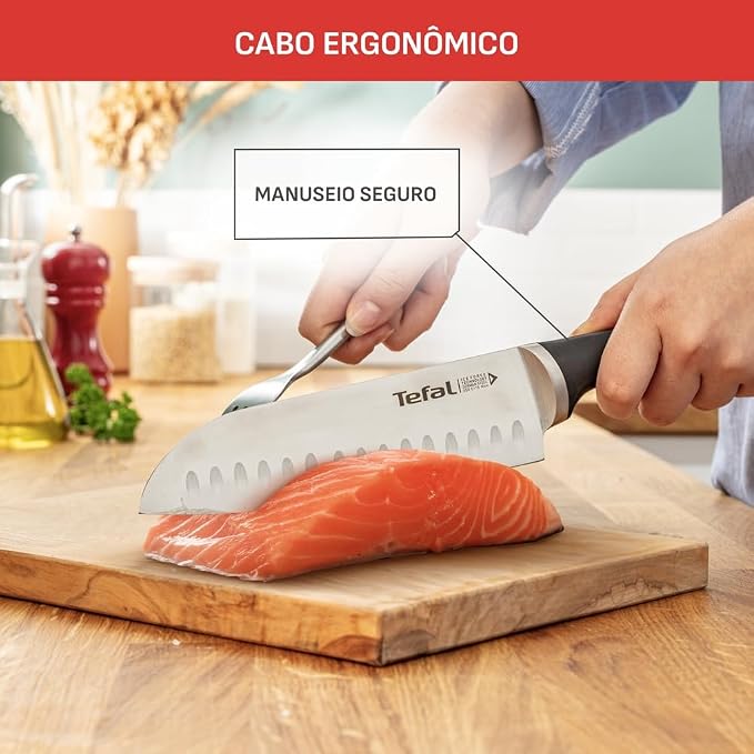 Tefal K2320614 Ice Force Stainless Steel Santoku Knife Premium Design, Long Lasting Performance,Silver/Black,- 18cm