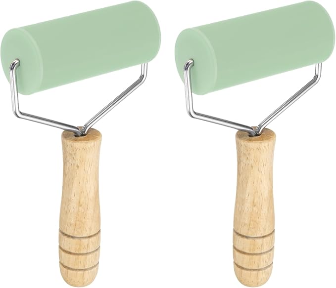 HARFINGTON 2pcs Rolling Pin 7.6" x 1.69" Silicone Roller Wood Handle Non-Stick Fondant Roller Dough Roller Rolling Pins for Baking Cookie Pastry Clay, Green