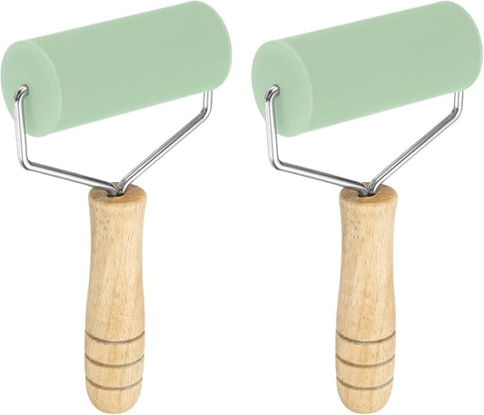 HARFINGTON 2pcs Rolling Pin 7.6" x 1.69" Silicone Roller Wood Handle Non-Stick Fondant Roller Dough Roller Rolling Pins for Baking Cookie Pastry Clay, Green