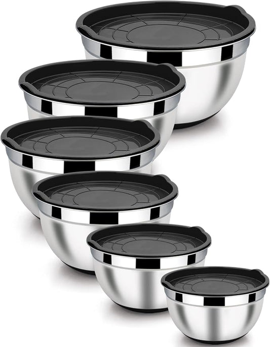 LIANYU Nesting Mixing Bowls Set of 6, Size 7, 3.5, 2.5, 2, 1.5, 1QT | Stainless Steel Large Metal Bowls with Airtight Lids, Ideal for Baking Cooking Food Storage, Non-slip Bottom, Black