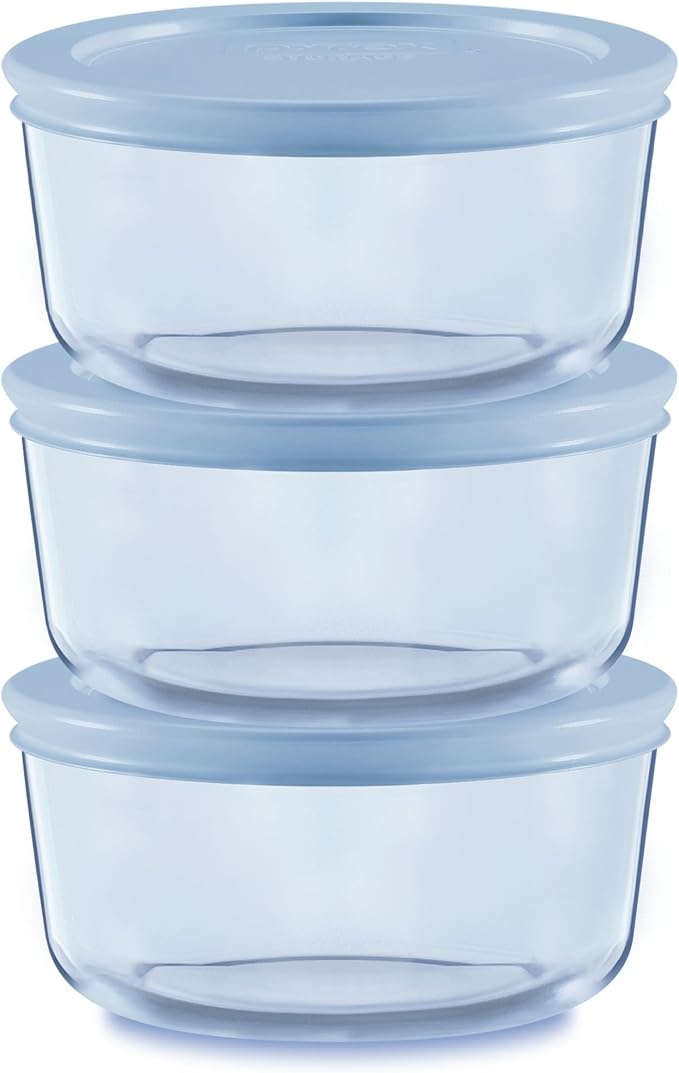 Pyrex Colors Tinted (6-PC SMALL) Small Round Food Storage Container Set, Snug Fit Non-Toxic Plastic BPA-Free Lids, Freezer Dishwasher Microwave Safe, 2 Cup (x3)
