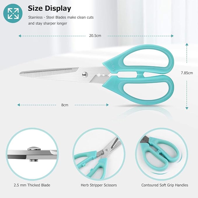 Kitchen Shears Scissors, iBayam 3-Color Stainless Steel Dishwasher Safe Food Scissors for Herbs Chicken Meat Poultry Fish BBQ, 8 Inch Utility Cooking Scissors for Women Men with Small Hands