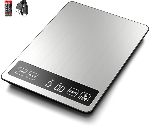 Fuzion Food Kitchen Scale 22lb/0.1oz - Food Scale 7 Units, Tare & Timer | Rechargeable, Tempered Glass+ Stainless Steel, Digital Kitchen Scale Grams and oz for Weight Loss, Cooking, Baking, Meal Prep