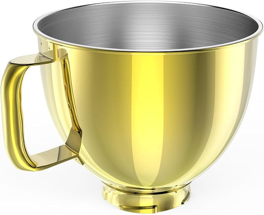 5QT Stainless Steel Mixer Bowl Compatible with Kitchen aid Stand Mixers Kitchenaid Replacement Bowl for 4.5-5 QT Tilt-Head Mixer with Handle, Gold